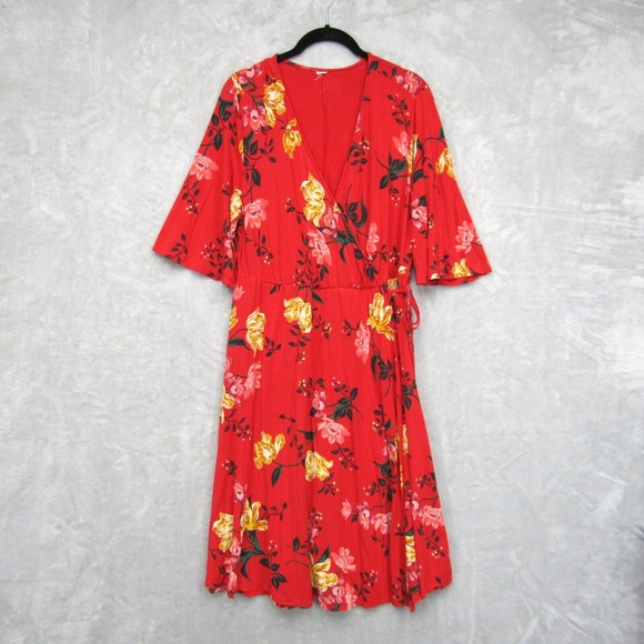 Old Navy Wrap Dress Women's Large Red Floral 3/4 Sleeve V-Neck Rayon Knee Length - Picture 1 of 9